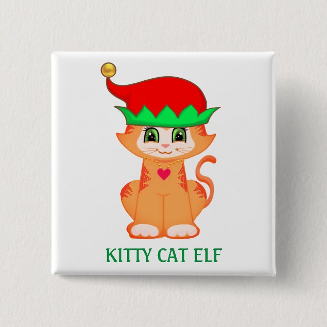 Bóton Quadrado 5.08cm Gatinho Fofo Elfo de Natal (Frente)