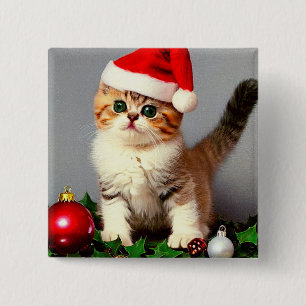 Bóton Quadrado 5.08cm Gatinho natal vintage em Santa Hat