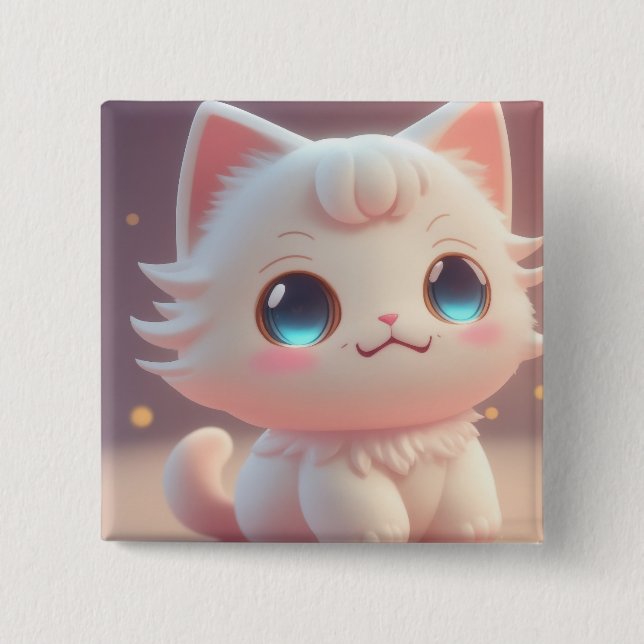 Bóton Quadrado 5.08cm Gato Branco Bonito Kawaii Fluffy (Frente)