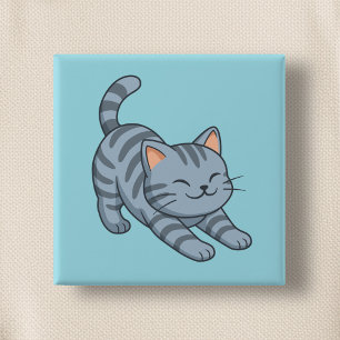 Bóton Quadrado 5.08cm Gato Cinza Listrado Azul Esticando