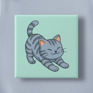 Bóton Quadrado 5.08cm Gato Cinza Tabby Verde Esticando