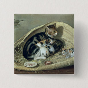 Bóton Quadrado 5.08cm Gato com seus gatinhos em uma cesta, 1797