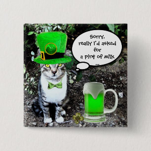 Bóton Quadrado 5.08cm GATO DE Dia de São Patrício COM CERVEJA VERDE IRLA