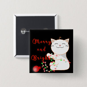 Bóton Quadrado 5.08cm Gato Feliz Brincando Com Luz de LED Natal Fofo