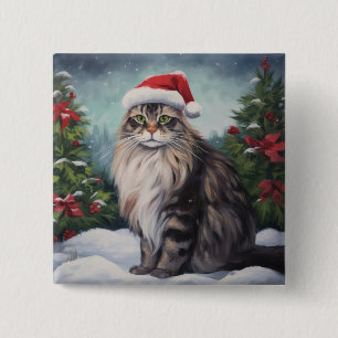Bóton Quadrado 5.08cm Gato Maine Coon na Neve Natal