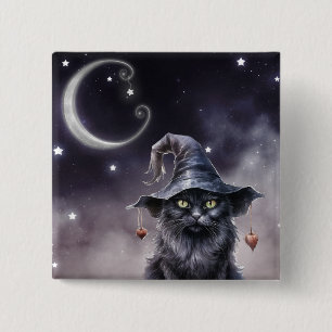 Bóton Quadrado 5.08cm Gato Negro de Halloween Vestindo um Chapéu de Brux