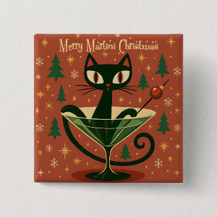 Bóton Quadrado 5.08cm Gato Preto do Meio do Século Feliz Martini Natal