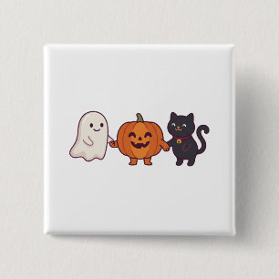 Bóton Quadrado 5.08cm Gato Preto Fantasma Fofo & Abóbora de Halloween