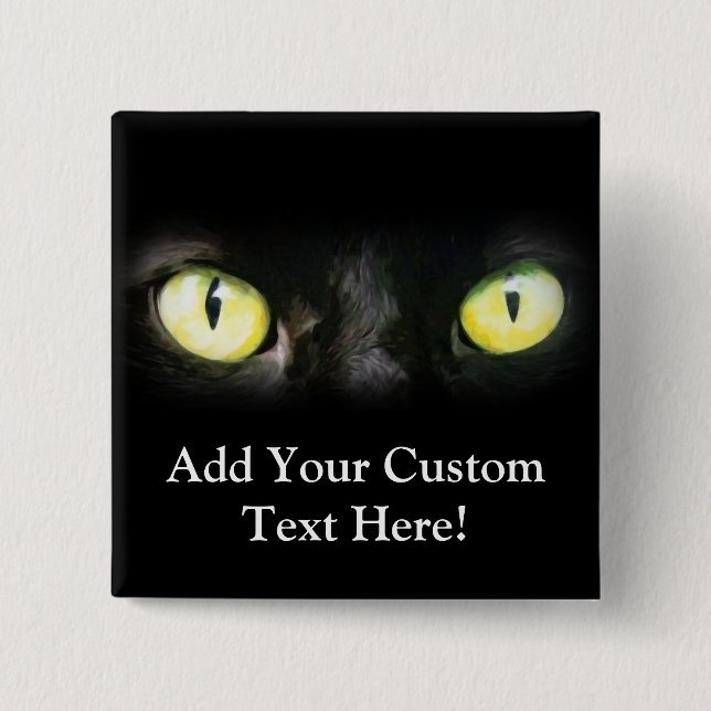Bóton Quadrado 5.08cm Gato Preto, Olhos Verdes Amarelos, Sonhos e Estran (Frente)