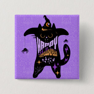 Bóton Quadrado 5.08cm Gato Preto Retro Divertido Halloween