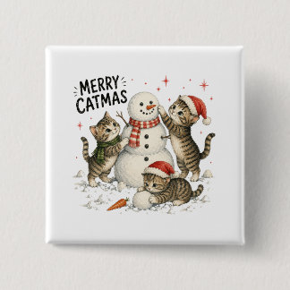 Bóton Quadrado 5.08cm Gatos de Natal Construindo Boneco de Neve