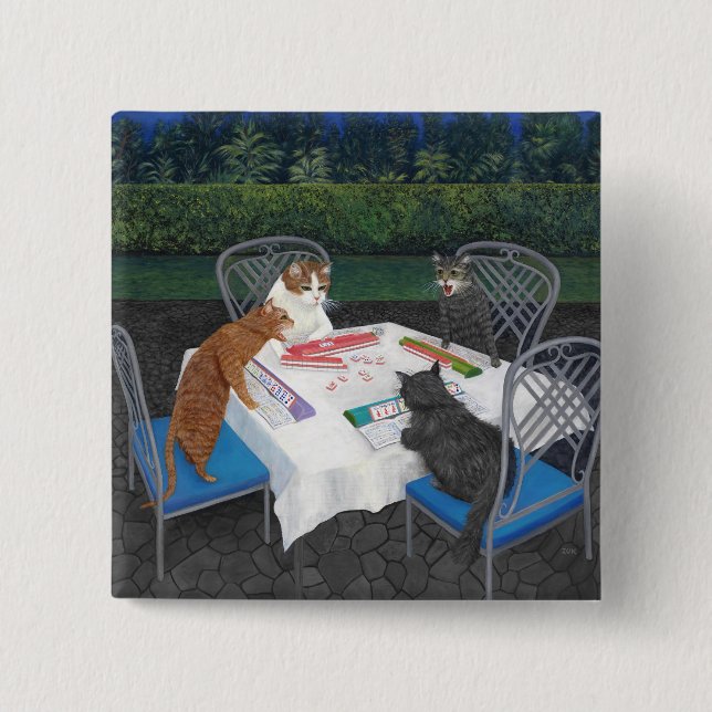 Bóton Quadrado 5.08cm Gats Playing Mahjong (Frente)