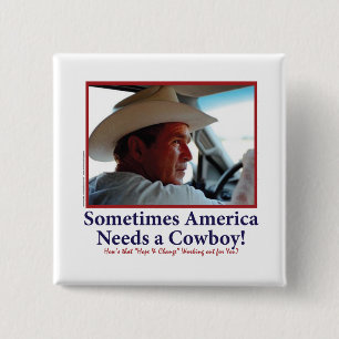 Bóton Quadrado 5.08cm George W Bush no Chapéu de Cowboy