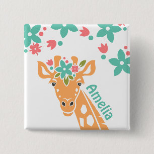 Bóton Quadrado 5.08cm Girafa Bonita com Coroa Flor Personalizada