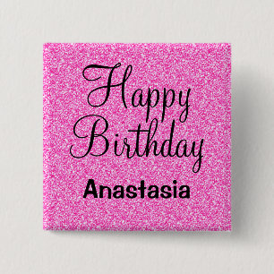 Bóton Quadrado 5.08cm Glam Happy Birthday - Nome de Minigrama Rosa Quent