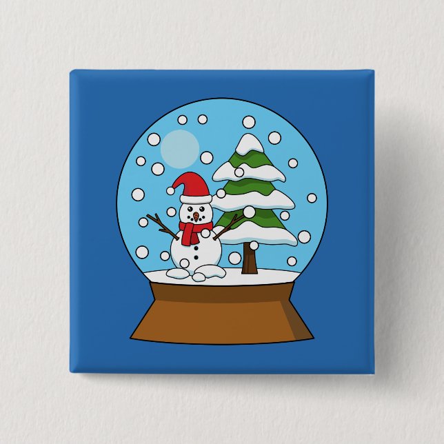 Bóton Quadrado 5.08cm Globo de Neve com Snowman e Pine Tree (Frente)