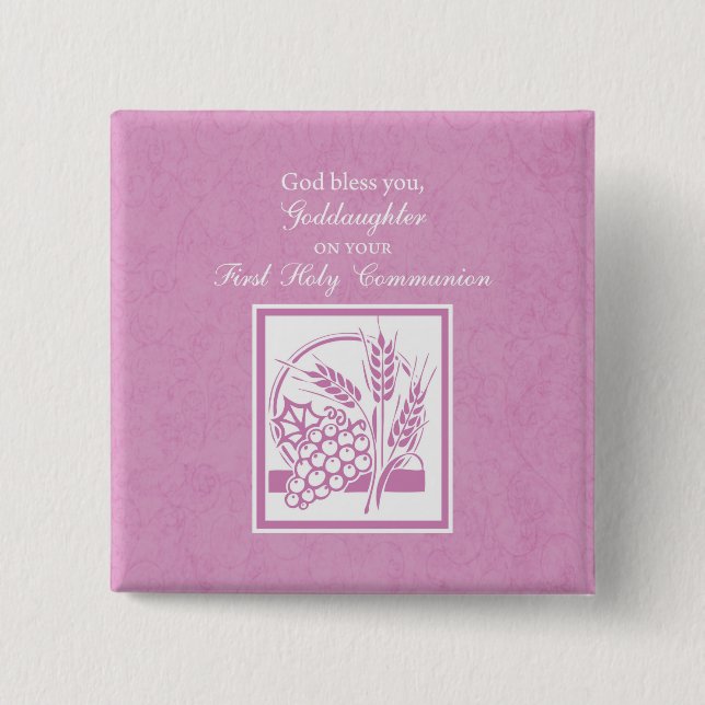 Bóton Quadrado 5.08cm GodFilha Primeira Comunhão, Rosa (Frente)