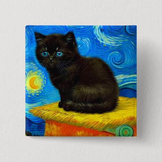 Bóton Quadrado 5.08cm Gogh Style Starry Night Cat (Frente)