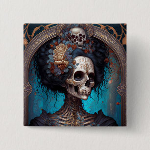 Bóton Quadrado 5.08cm Gótico Skeleton Skull Woman Gothic