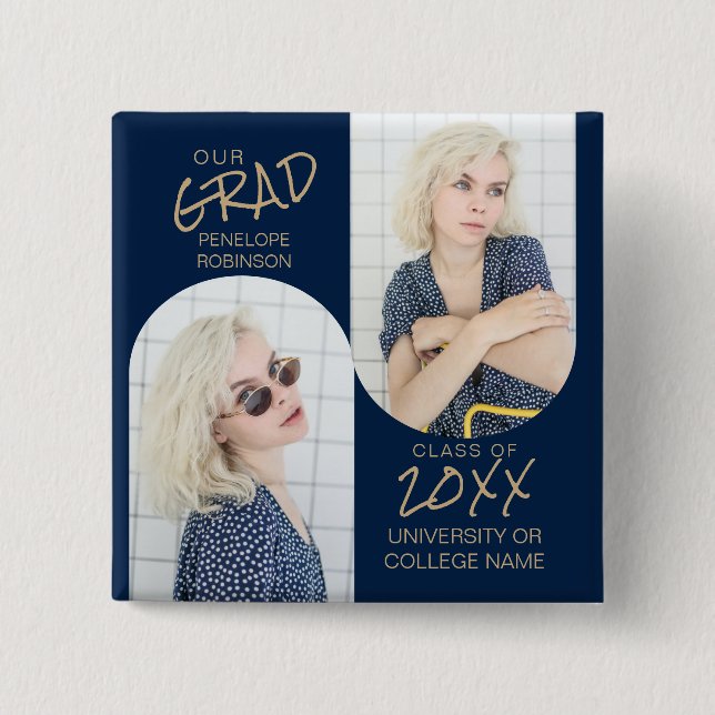 Bóton Quadrado 5.08cm Graduação de Fotos Archadas com marinho Azul 2 (Frente)