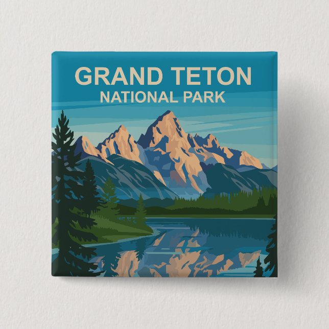 Bóton Quadrado 5.08cm Grand Teton National Park Landscape Viagem Art (Frente)