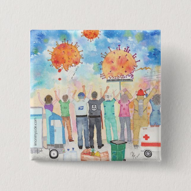 Bóton Quadrado 5.08cm Gratidão Para Os Trabalhadores Essenciais De 19 Pi (Frente)