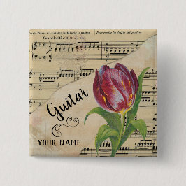 Bóton Quadrado 5.08cm Guitar Tulip Vintage Sheet Music Personalizada