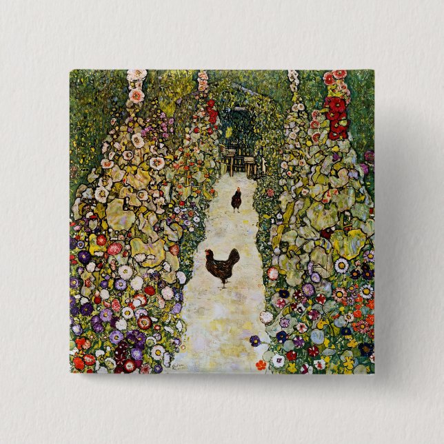 Bóton Quadrado 5.08cm Gustav Klimt - Caminho do Jardim com Galinhas (Frente)