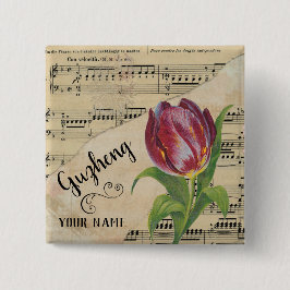 Bóton Quadrado 5.08cm Guzheng Tulip Vintage Sheet Music Personalizada