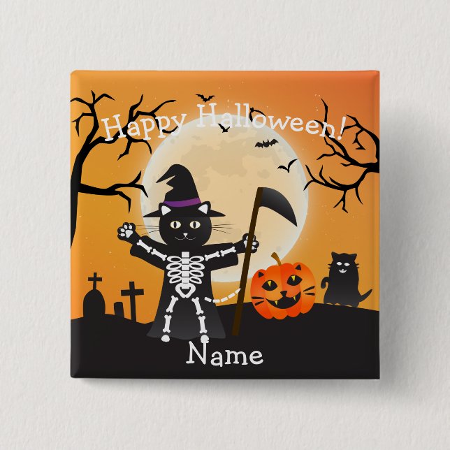 Bóton Quadrado 5.08cm Halloween Cat Grim Reaper (Frente)