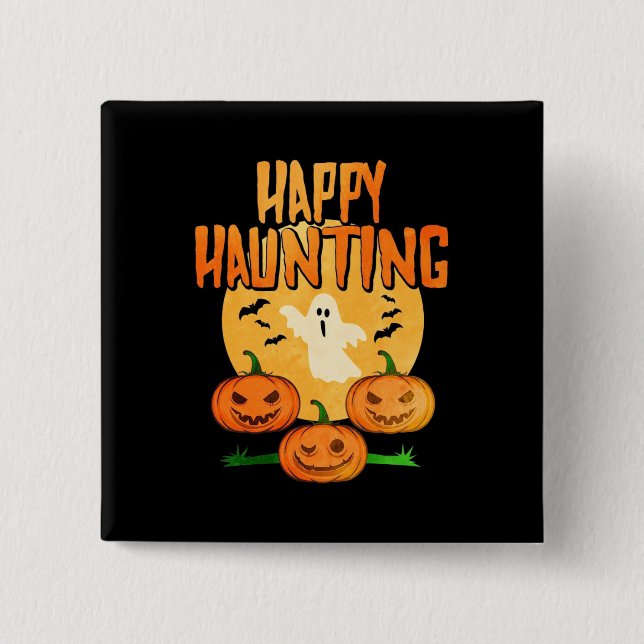 Bóton Quadrado 5.08cm Halloween Happy Haunting (Frente)