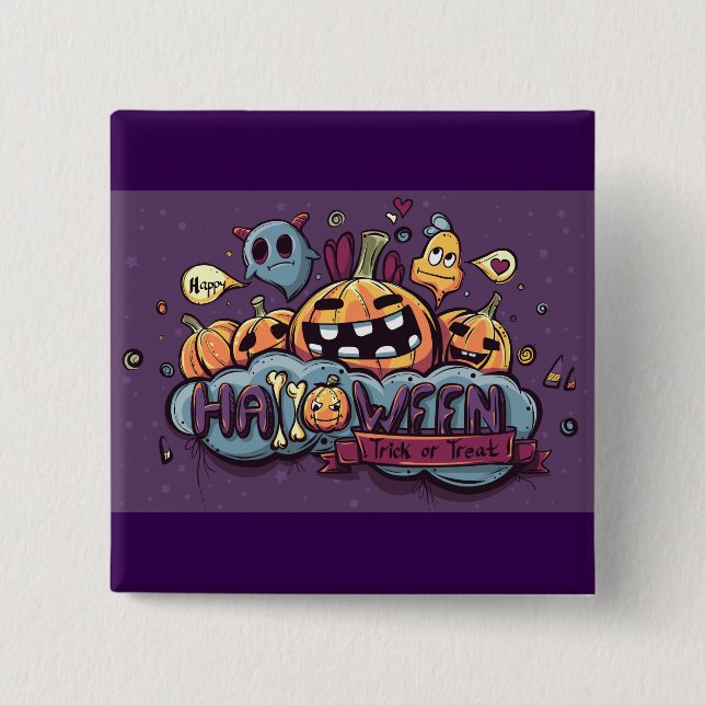 Bóton Quadrado 5.08cm Halloween Pumpkins and Ghosts Trick or Treat (Frente)