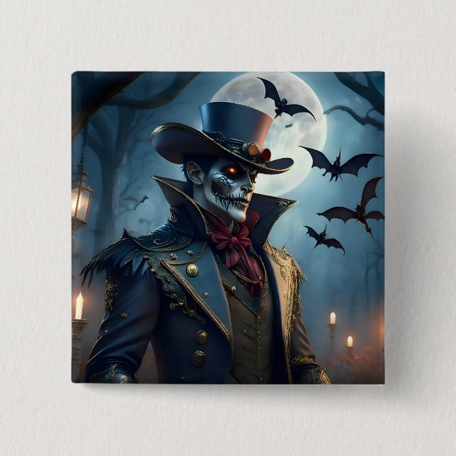 Bóton Quadrado 5.08cm Halloween Steampunk Southern Gentleman Zombie (Frente)