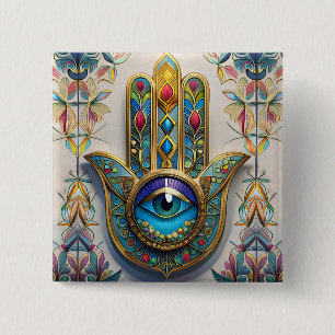 Bóton Quadrado 5.08cm Hamsa do Terceiro Olho Azul-Verde com Filigrana Co