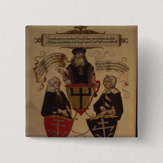 Bóton Quadrado 5.08cm Hans Fugger duas esposas Clara Widolf e Elisabeth (Frente)