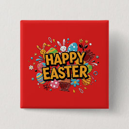 Bóton Quadrado 5.08cm Happy Easter Colorful Bunny & Eggs Pin