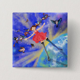 Bóton Quadrado 5.08cm Happy Girl with Birds (Garota feliz com pássaros)