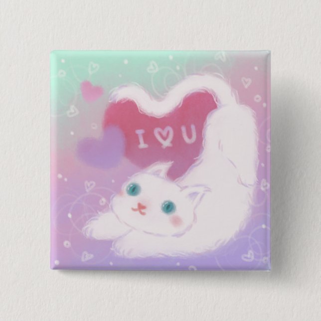 Bóton Quadrado 5.08cm Happy Valentine's Day with Fluffy White Cat (Frente)