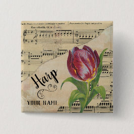 Bóton Quadrado 5.08cm Harp Tulip Vintage Sheet Music Personalizada