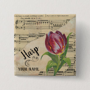 Bóton Quadrado 5.08cm Harp Tulip Vintage Sheet Music Personalizada