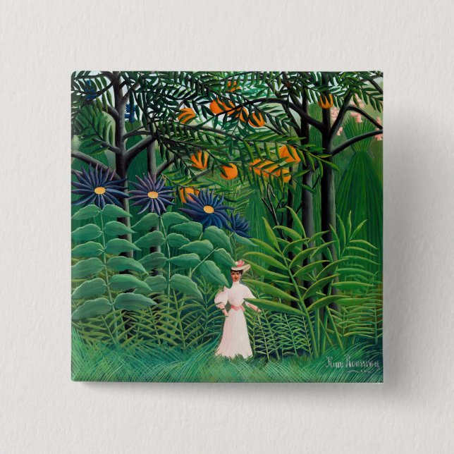 Bóton Quadrado 5.08cm Henri Rousseau - Mulher caminhando em uma Floresta (Frente)
