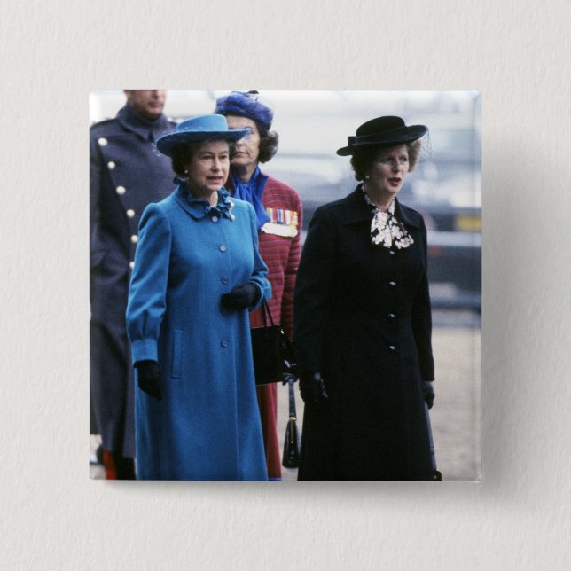 Bóton Quadrado 5.08cm HM rainha Elizabeth Ii-Margaret Thatcher (Frente)