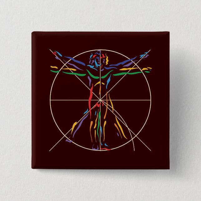 Bóton Quadrado 5.08cm Homem de Anatomia da DaVinci nas cores de Chakra (Frente)