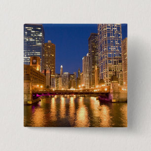 Bóton Quadrado 5.08cm Horizonte de Chicago, Illinois, e Rio Chicago em