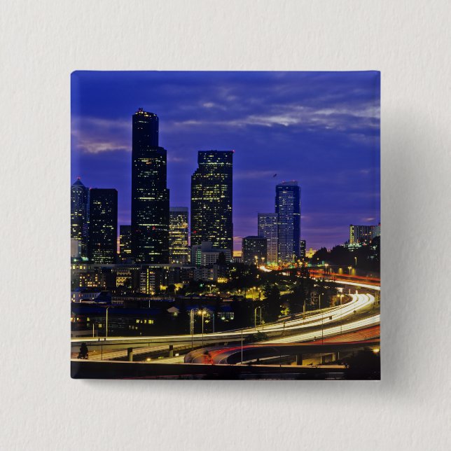 Bóton Quadrado 5.08cm horizonte de Seattle, Washington à noite (Frente)