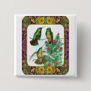 Bóton Quadrado 5.08cm Hummingbird e Flores #1