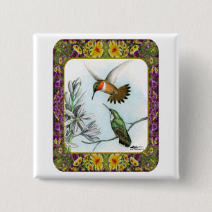 Bóton Quadrado 5.08cm Hummingbird e Flores #2