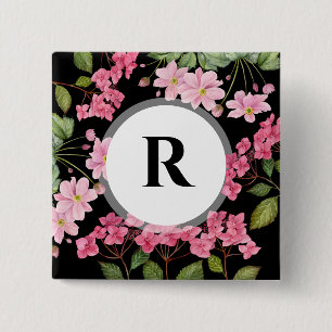 Bóton Quadrado 5.08cm Hydrangea rosa com aquarela e anêmona japonesa