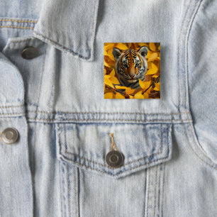 Bóton Quadrado 5.08cm Ícone: cubo de tigre nas folhas