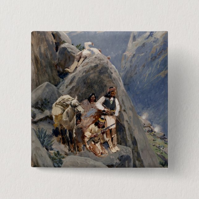 Bóton Quadrado 5.08cm Ícones Nativos Americanos: Guerreiros Apache, Cava (Frente)